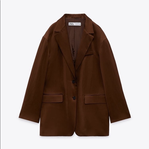 Zara Set - Brown Satin Effect Flowy Blazer with Pockets & High Waist Pants - Picture 13 of 16